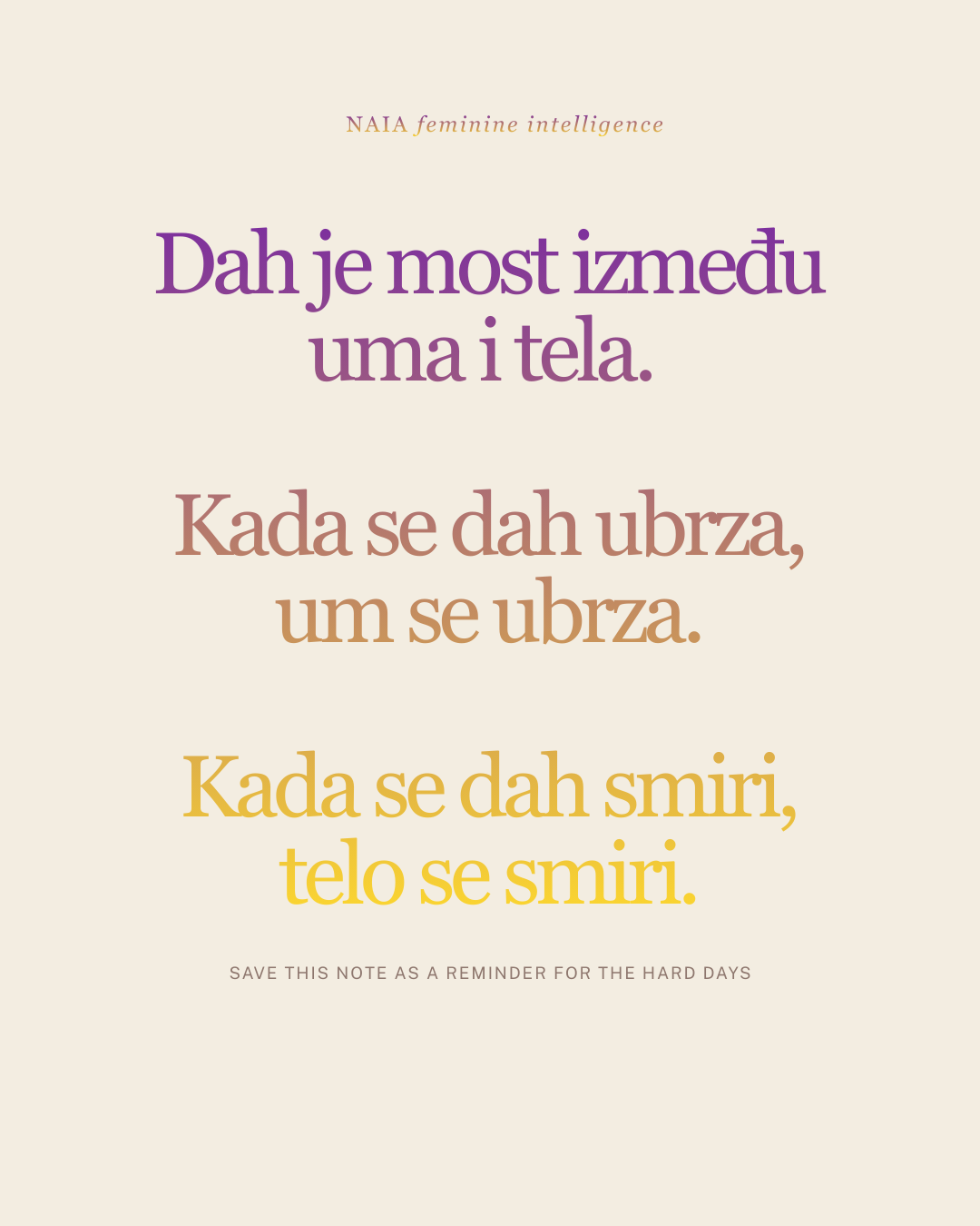 Text in a sERBIAN language on a light background with motivational message.
NAIA Feminine Intelligence — Ritualni vodic 28 dana POVRATKA SEBI, psiholosko-somatski program