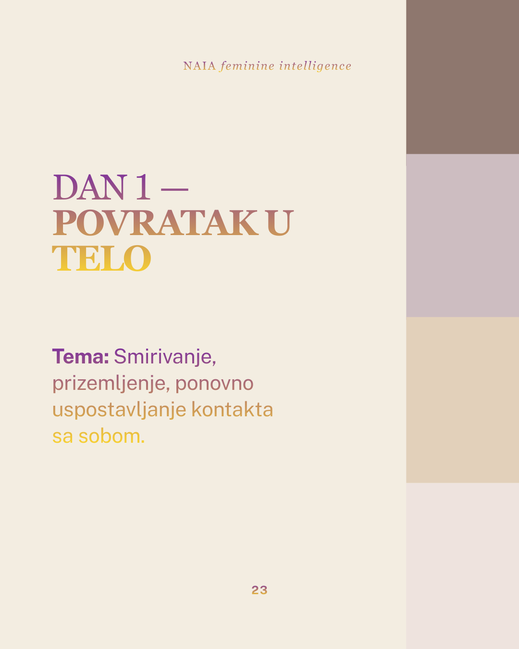 Book cover with text in a Serbian language on a beige background
NAIA Feminine Intelligence — Ritualni vodič 28 dana POVRATKA SEBI, psihološko-somatski program