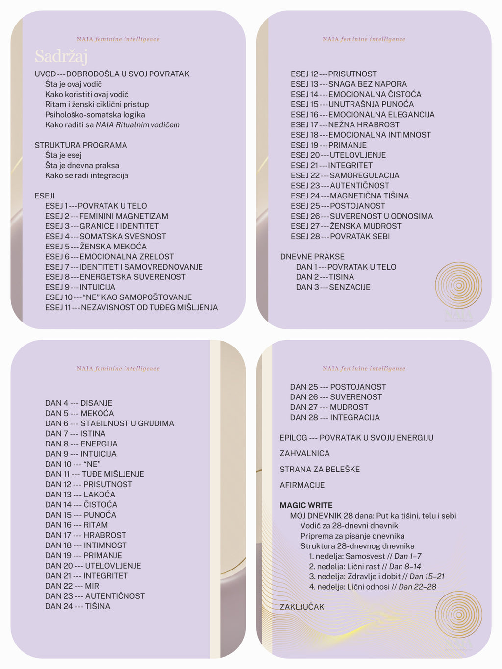 Four cards with text on a light purple background CONTENT
NAIA Feminine Intelligence — Ritualni vodič 28 dana POVRATKA SEBI, psihološko-somatski program